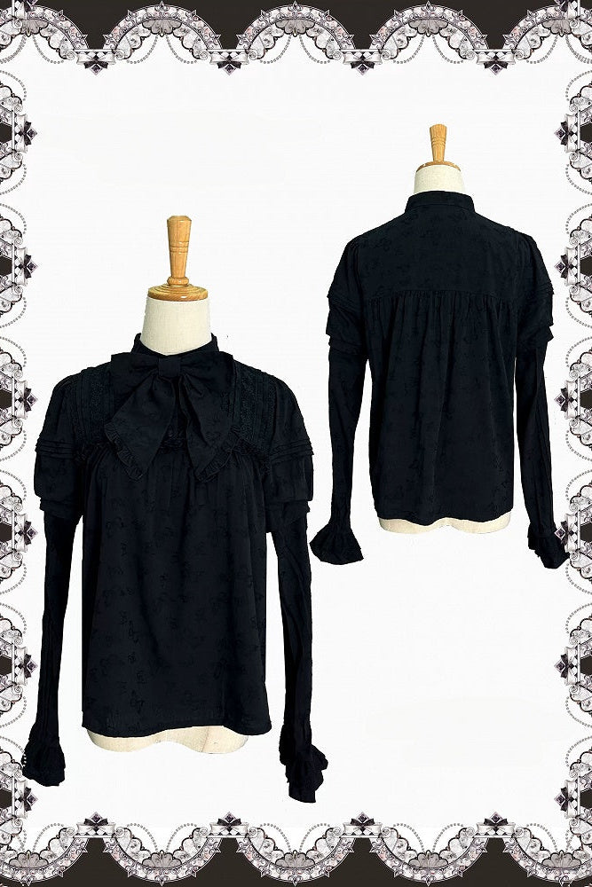 【10月3日予約締切】Black/White Elegant Gothic Lace Puff Sleeve Shirt with Detachable Sleeves and Bow Tie