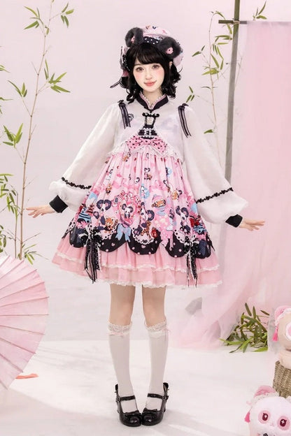 [Pre-order Deadline: October 25] Pink/Green Chinoiserie Lolita Sweet Panda Ear Bow High-Waist Tiered JSK Dress + Bow-Waist Panda Print Dress