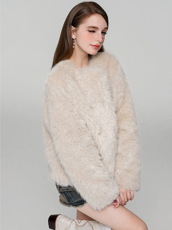 High-end collarless fur jacket