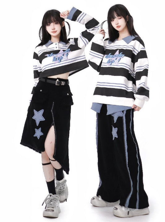 スターボーダートップス＋アシメスカート＋ルーズロングパンツ