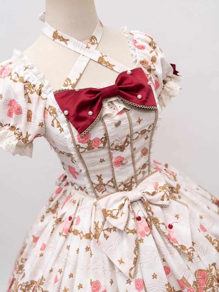 【4月26日予約締切】レトロロマンスイートロリータリボンケーキプリントホルターネックドレス