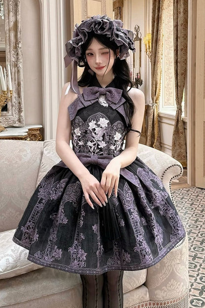 [Scadenza prenotazioni 98] Abito Lolita stile cinese con scollo all'americana, fiocco e ricamo giglio effetto vetrata, nero x viola / bianco x viola