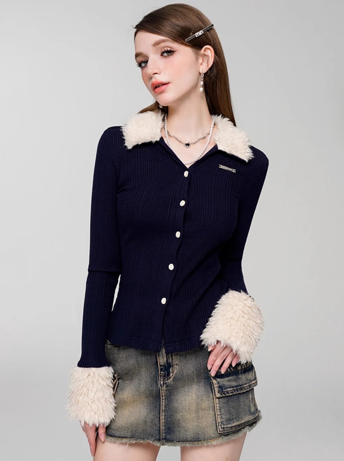 Fur Slim V-Neck Top