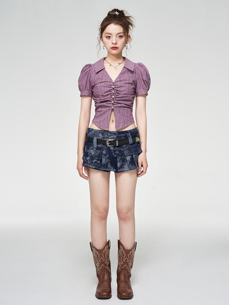 Violet striped puff sleeve short pleated shirt