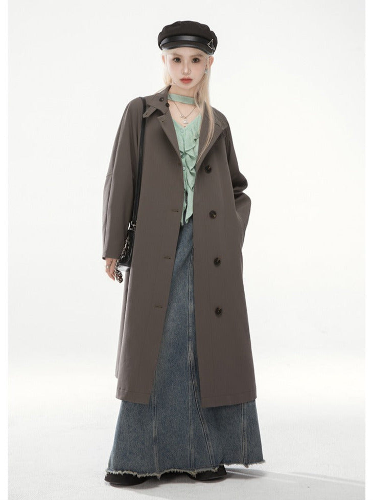 Mylan Gray Green Retro-Stand Collar Single Windbreaker Trench Coat