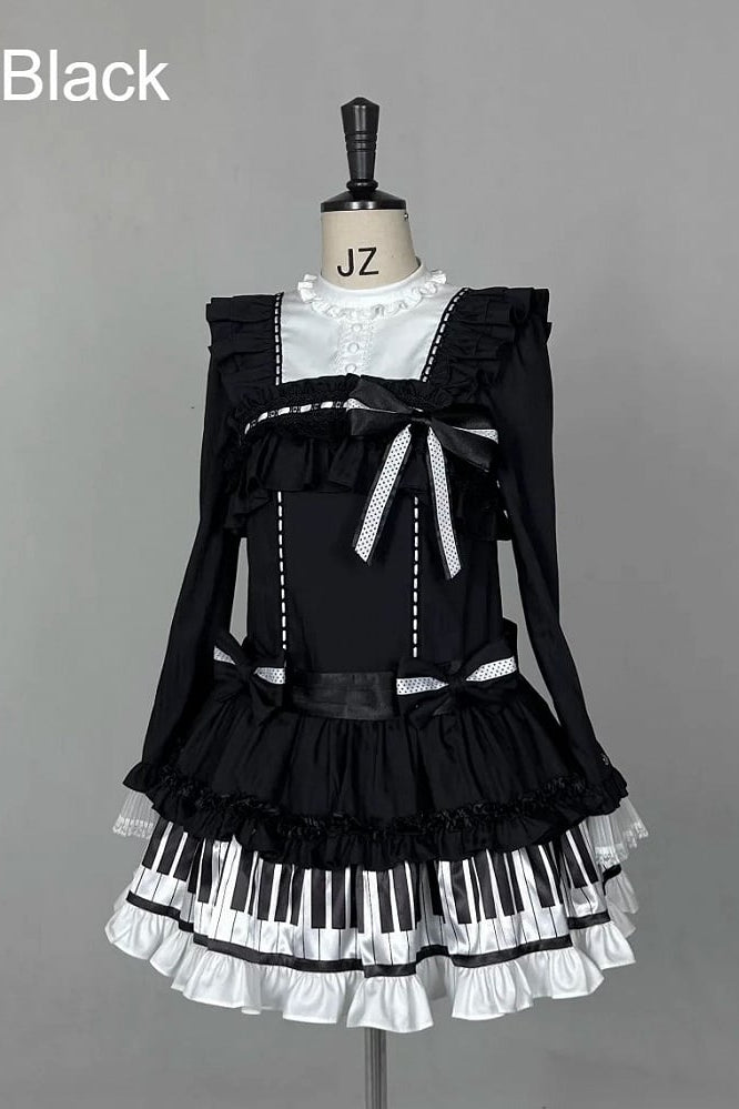 [Date limite de réservation : 22 octobre] Robe de poupée taille basse gothique Lolita à pois/noire avec touches de piano, nœud à volants