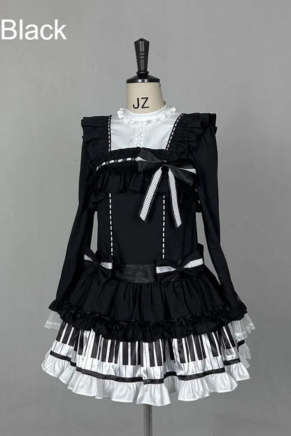 [Date limite de réservation : 22 octobre] Robe de poupée taille basse gothique Lolita à pois/noire avec touches de piano, nœud à volants