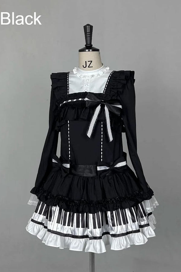 [Pre-order Deadline: October 22] Polka Dot/Black Gothic Lolita Piano Key Frill Bow Low Waist Doll Dress