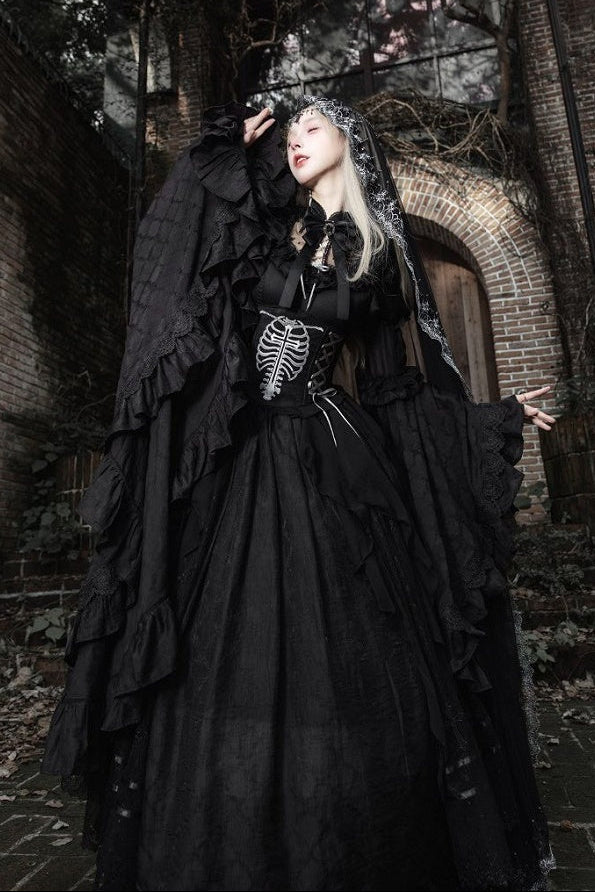 【11月2日予約締切】Born Nocturne Black Gothic Puff Sleeve Lace Layered Long Dress (with Bow Tie) + Embroidered Corset Belt + Detachable Oversized Bell Sleeves