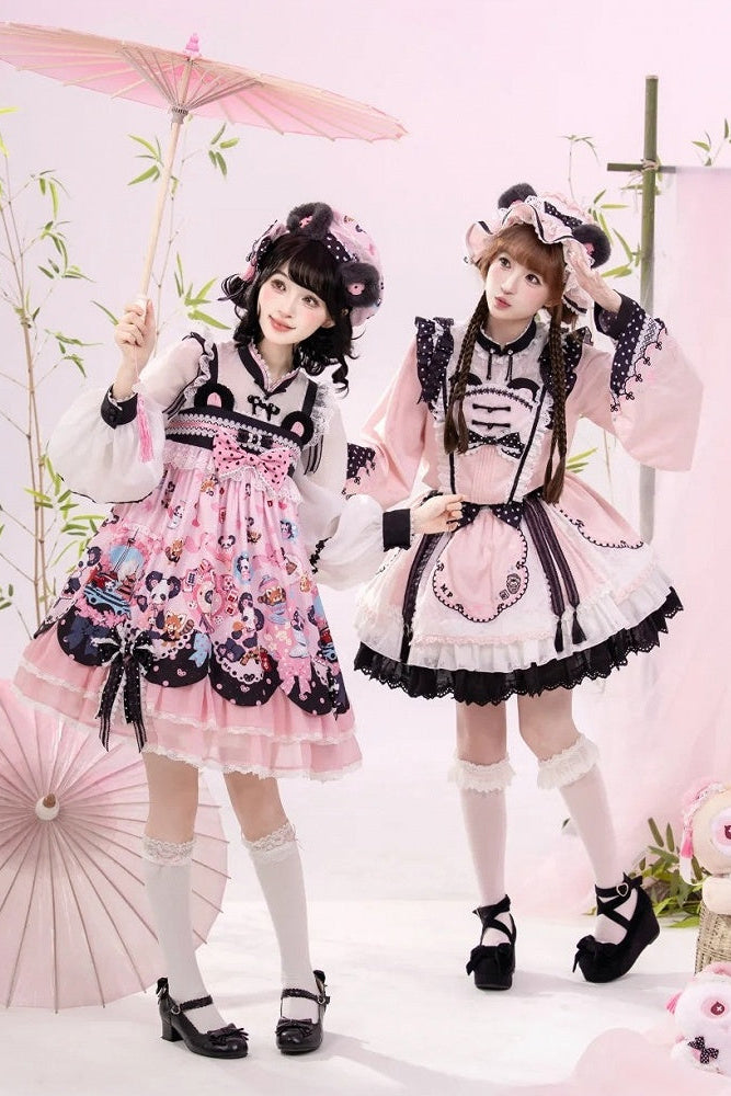 [Pre-order Deadline: October 25] Pink/White/Green Chinoiserie Lolita Sweet Panda Polka Dot Lace Apron Ruffle OP Dress