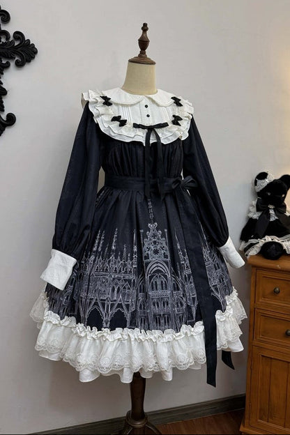 【10月13日予約締切】Gothic Doll Black White Cathedral Print Lace Trim Lolita Op Dress+ Full Dress Set (Flat Hat, Sash, Castle Flower Brooch)