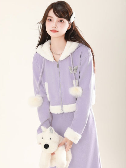 Fur Ball Hoodie Purple Zip Sweat Jacket + Skirt