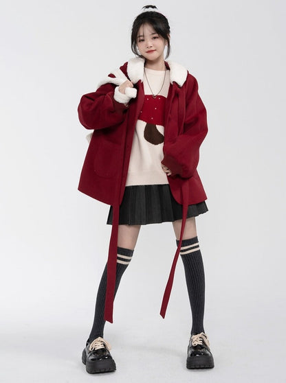 Wine Red Cat Hooded Short Wool Coat