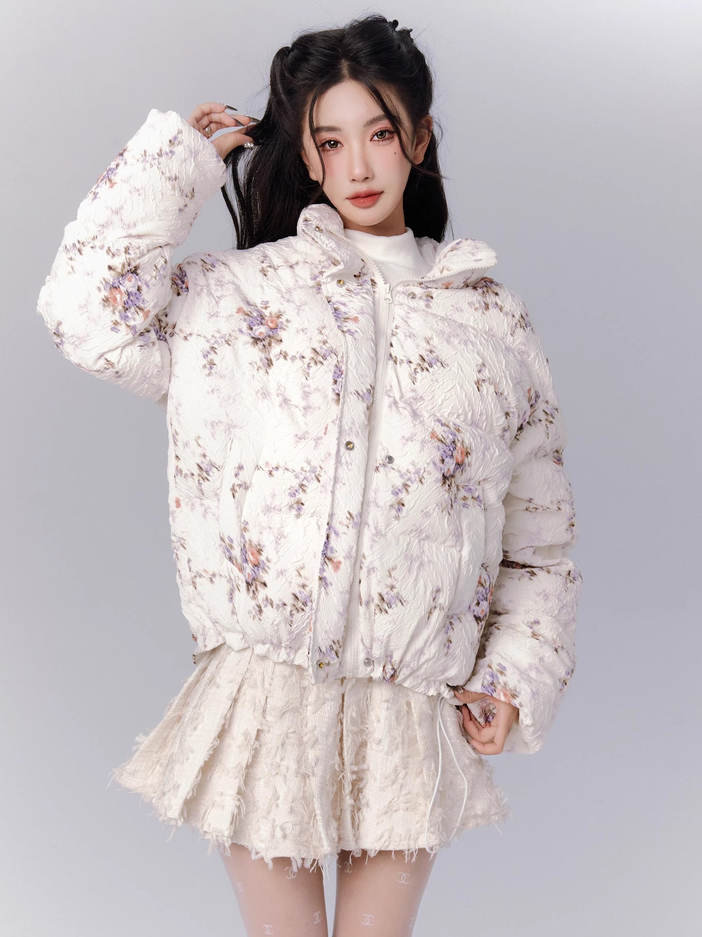 Fragrance Flower Padded Jacquard Jacket + Pleated Skirt