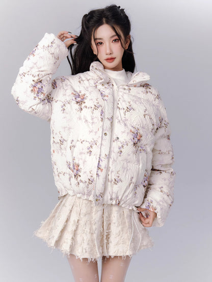 Fragrance Flower Padded Jacquard Jacket + Pleated Skirt