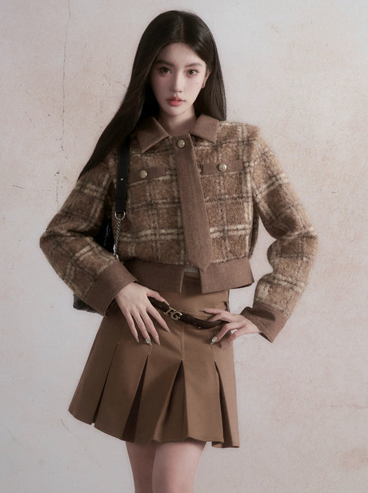 Maillard Style Retro Check Jacket + Pleated Skirt