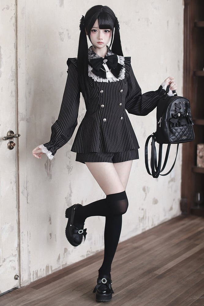 【12月15日予約締切】ダークゴシックレースダブルブレストストライプスーツセット＋ヘアアクセサリー