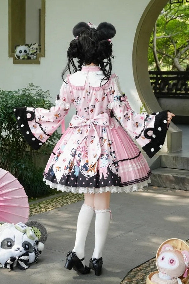 [Pre-order Deadline: October 25] Pink/Green Chinoiserie Lolita Sweet Panda Print Bow Bell Sleeve OP Dress