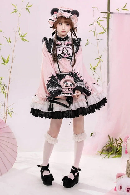 [Pre-order Deadline: October 25] Pink/White/Green Chinoiserie Lolita Sweet Panda Polka Dot Lace Apron Ruffle OP Dress