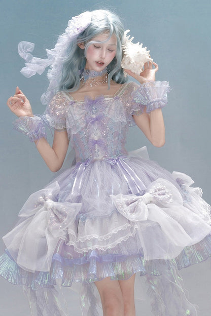 [Reservierungsschluss 1. August] Blau/Weiß/Lila Quallen-Feen-Lolita-Kleid mit Schleifen und Aurora-Schleppe