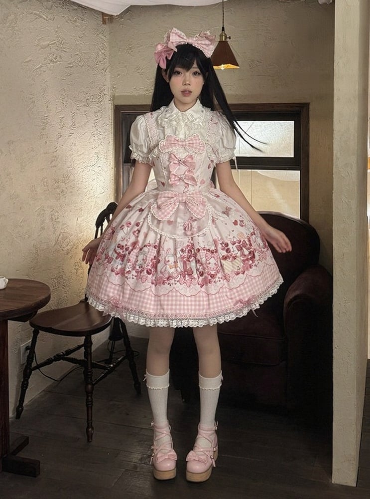 [Précommande jusqu'au 5 mai] Robe JSK à imprimé cerises roses, dentelle, ruban et tablier oreilles de lapin + accessoires