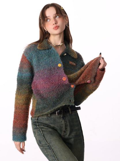 Gradient Polo Collar Soft Wax Wool Retro Cardigan