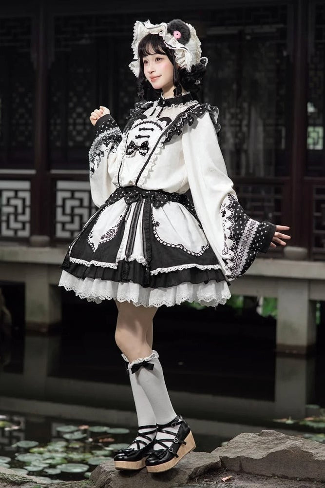 [Pre-order Deadline: October 25] Pink/White/Green Chinoiserie Lolita Sweet Panda Polka Dot Lace Apron Ruffle OP Dress