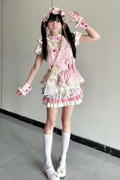 [Reservierungsschluss: 20. August] Dream-Parade Sweet-Lolita-Bluse mit Stickerei und Rüschen + gestuftes JKS-Kleidset mit Pastellschleife