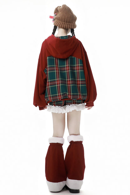 Velvet Red Sweatshirt-Shirt Plaid Culottes Setup