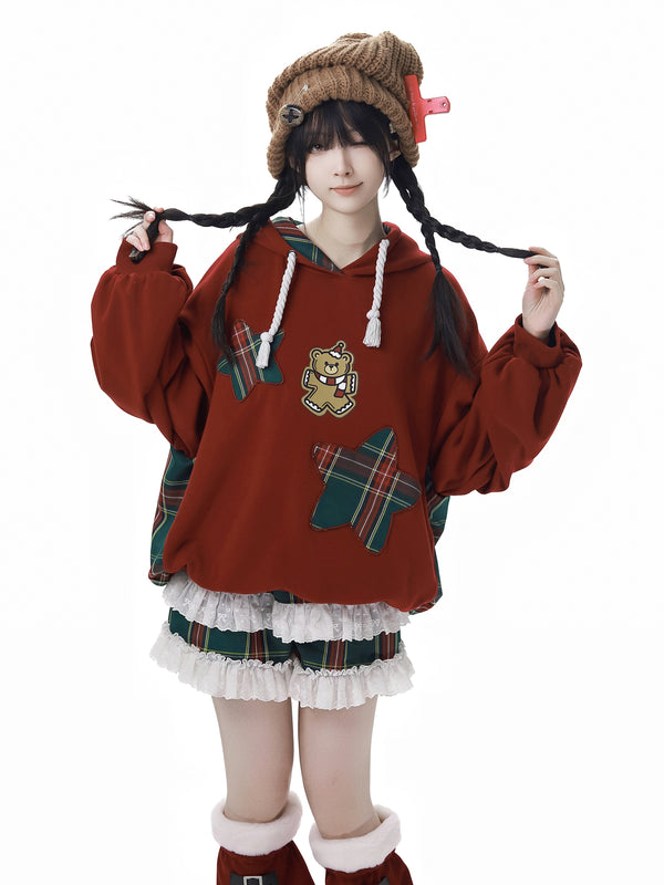 Velvet Red Sweatshirt-Shirt Plaid Culottes Setup