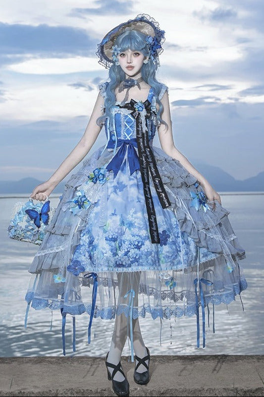 【9月29日予約締切】Blue Floral Print And Embroidered Elegant Lolita Lace JSK Dress Full Set (Overskirt, Brooch And Ribbon, Embroidered Belt, Decorative Shoulder Straps, Embroidered Accessories)