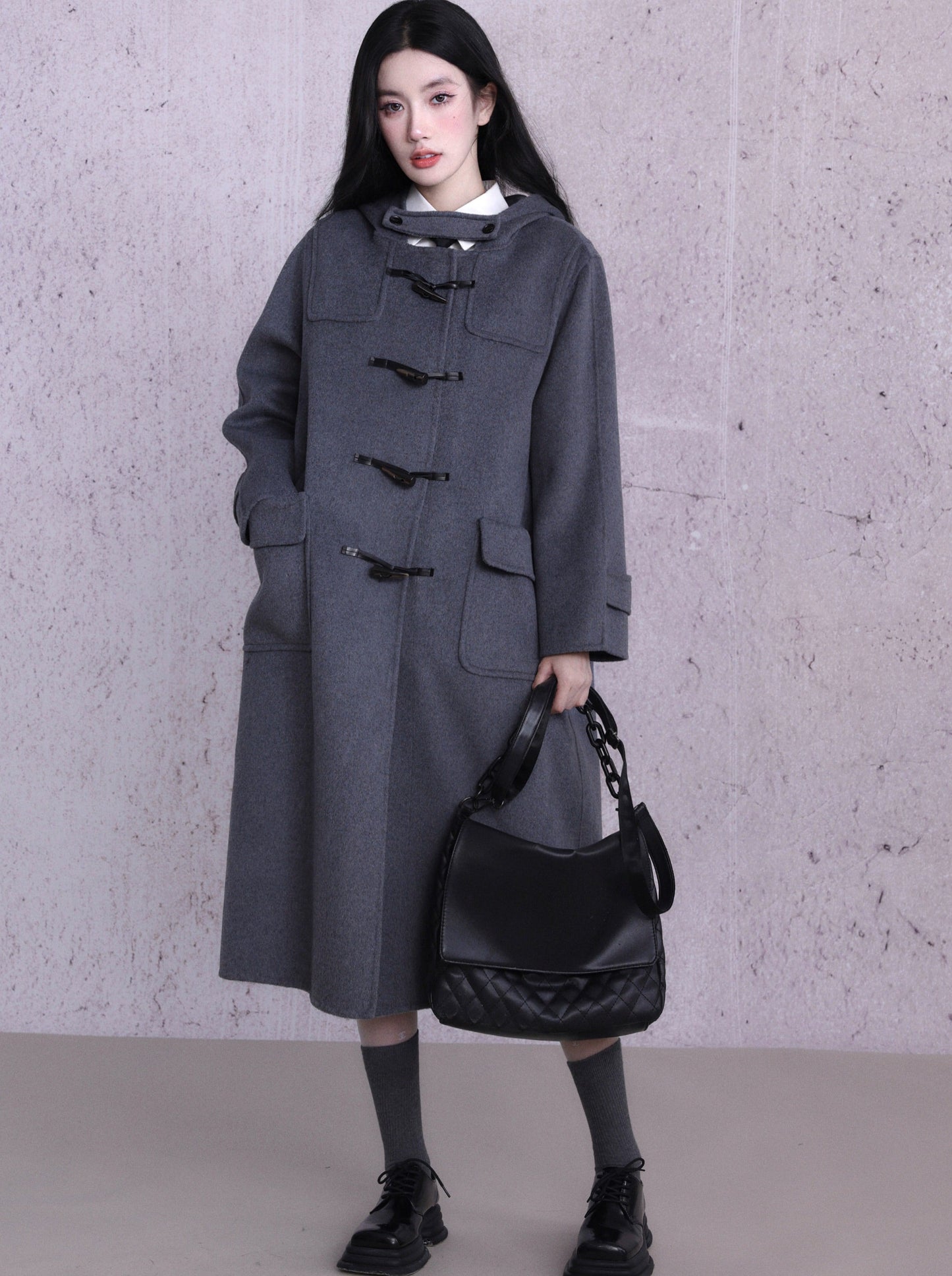 Gray Horn Button Reversible Wool College Coat