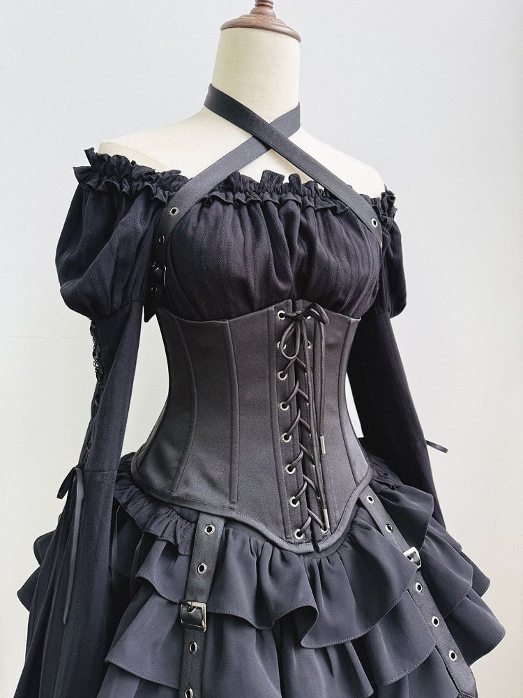 【6月18日予約締切】クロスストラップ付きゴシックロリータコルセット＋アクセサリー（フリルチョーカー・バックルストラップ）