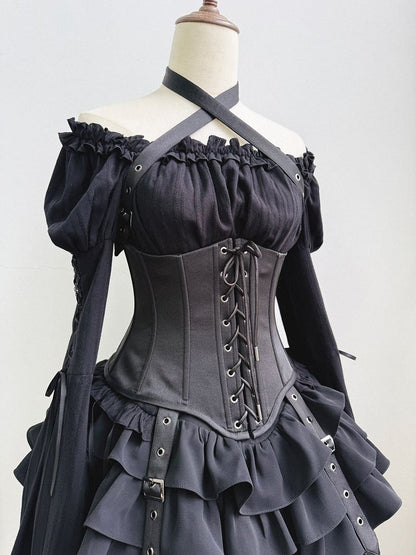 【6月18日予約締切】クロスストラップ付きゴシックロリータコルセット＋アクセサリー（フリルチョーカー・バックルストラップ）
