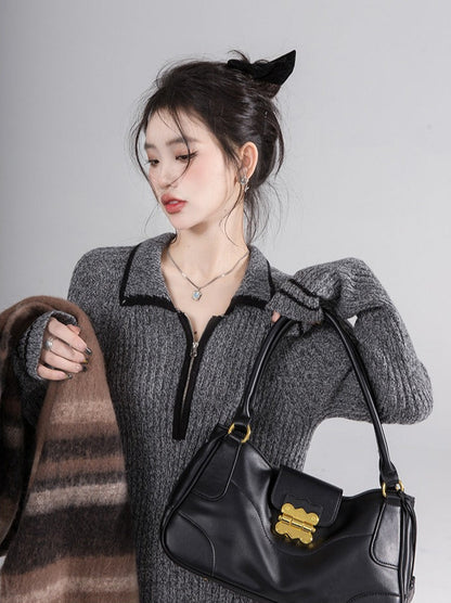 Luxembourg Mix Pattern Grey Wool Knit Dress