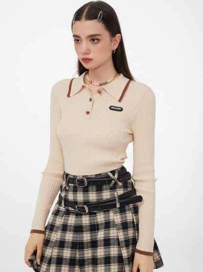 Slim American Retro Polo Collar Ribbed Top