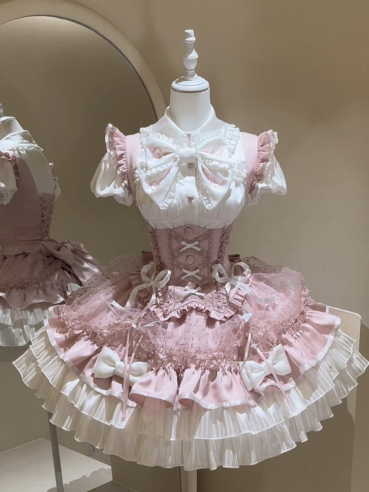 【5月12日予約締切】ピンクホワイトスイートロリータアイドルリボンパフスリーブシャツ＋コルセットチュールプルアップJKSドレスセットアップ