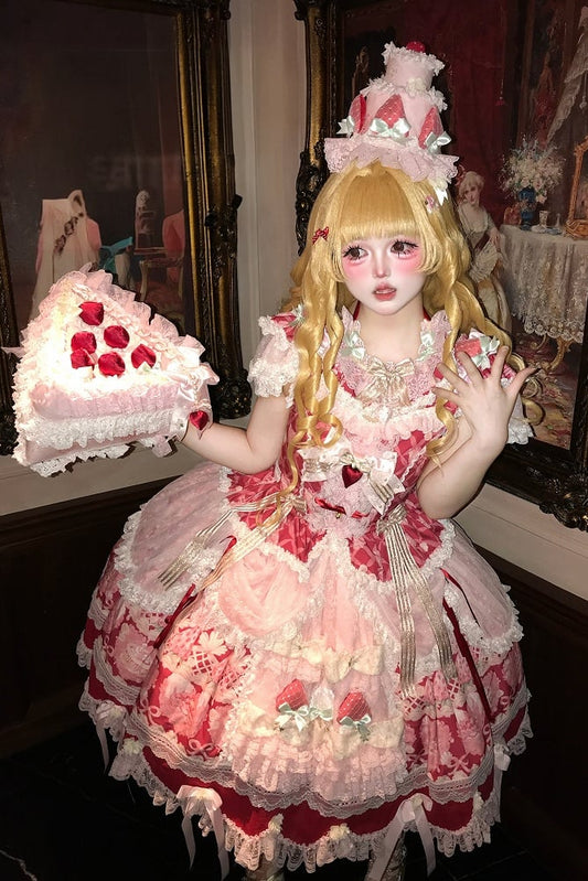 [Reservierungsschluss 26. Juni] Erdbeer-Sweet-Lolita-JKS-Kleid mit Spitze, Flatterärmeln, hochgezogenem Design und Tülllagen