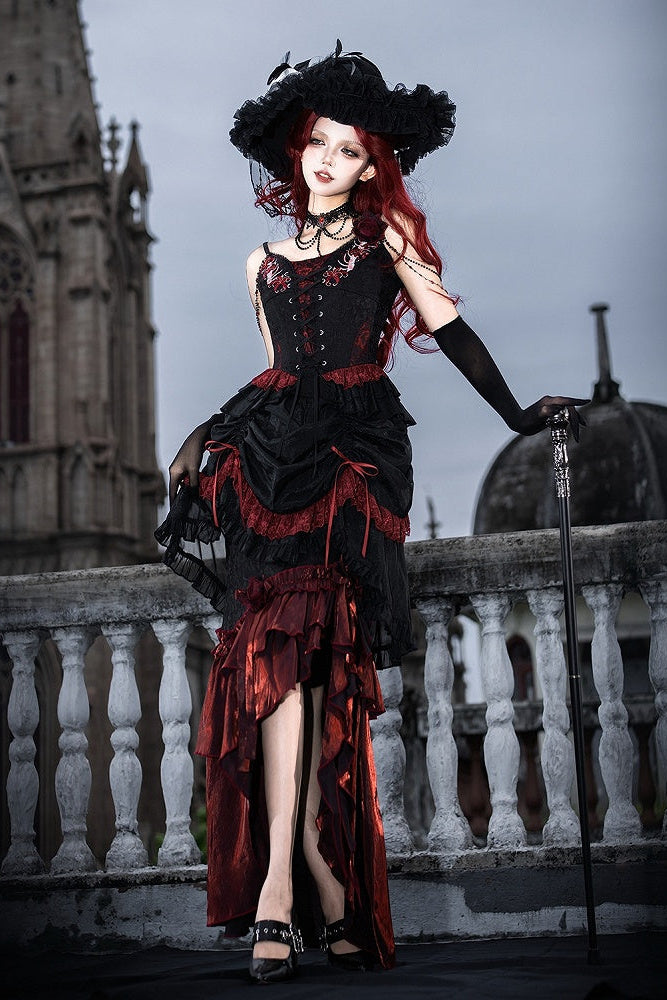 [Pre-order] Red and Black Dark Gothic Lolita Jacquard Corset Bustier Top