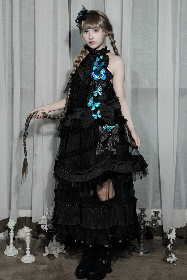 [Pre-order Deadline: October 14] Black/White Gothic Lolita Blue Butterfly Bow Tulle Ruffle Layered Halter Dress