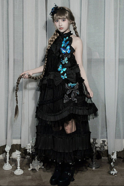 [Pre-order Deadline: October 14] Black/White Gothic Lolita Blue Butterfly Bow Tulle Ruffle Layered Halter Dress