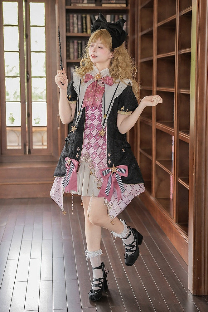 【10月13日予約締切】Magic Academy Starry Diamond Pendant Bow Lolita Dress + Black Lace Trim Bow Puff Sleeve Jacket + Detachable Star Embroidery Ribbon Frill Collar + Full Set