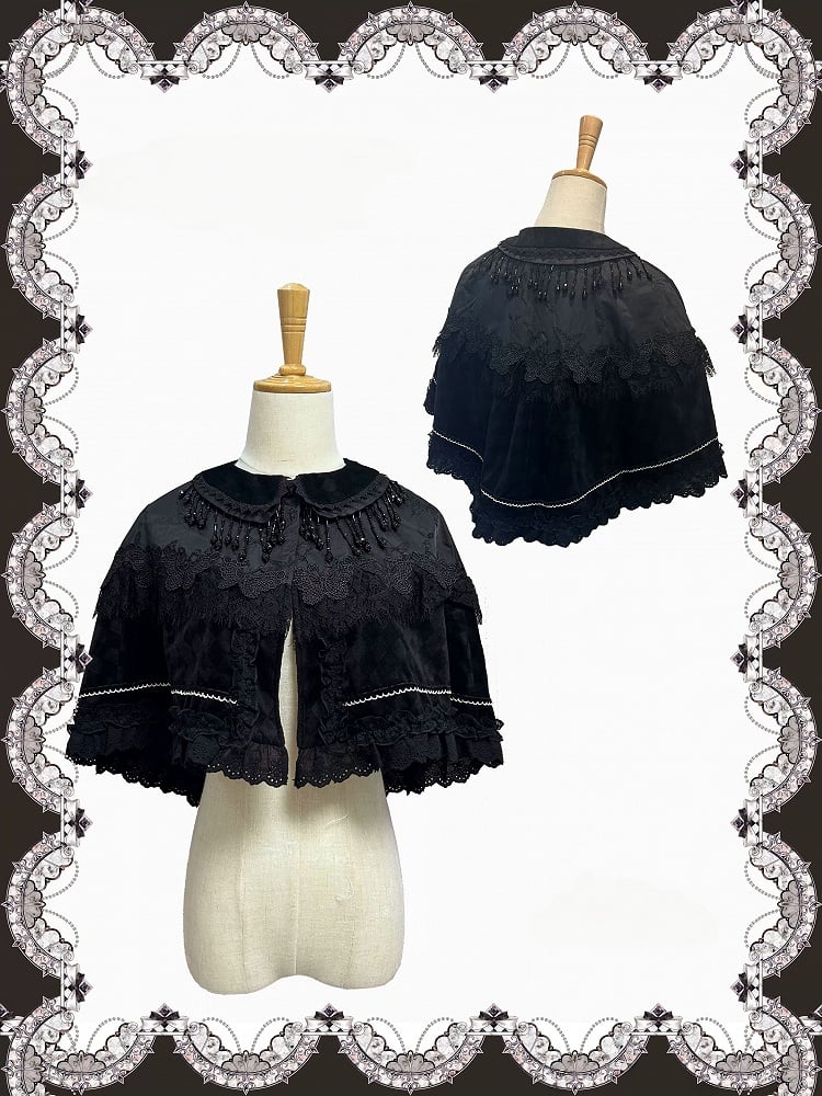 【10月3日予約締切】Black Elegant Gothic Beaded Fringe Layered Cape