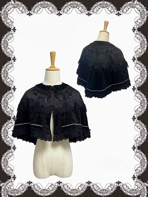 【10月3日予約締切】Black Elegant Gothic Beaded Fringe Layered Cape