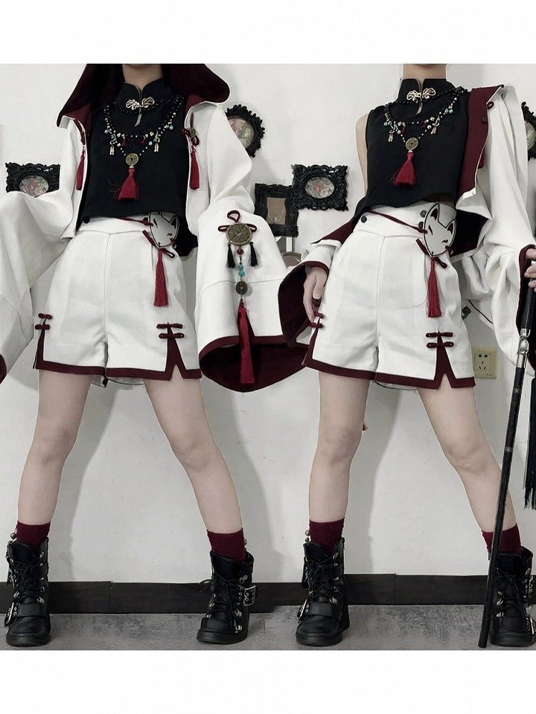 [Reservation Deadline: November 1] White Fox Chinese Fantasy-Style Fox-Ear Hooded Jacket + Black Mandarin-Collar Sleeveless Crop Top + White & Red Fox Shorts