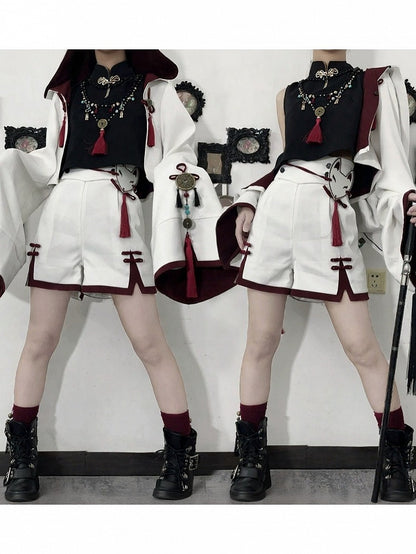 [Reservation Deadline: November 1] White Fox Chinese Fantasy-Style Fox-Ear Hooded Jacket + Black Mandarin-Collar Sleeveless Crop Top + White & Red Fox Shorts