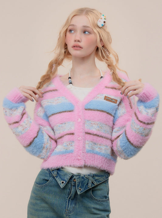 Pop-color Striped Knit Short Cardigan