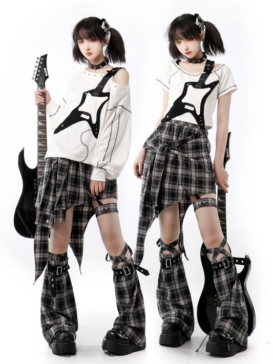 Finale off-the-shoulder 3D guitar sweatshirt + check punk design skirt + leg warmers