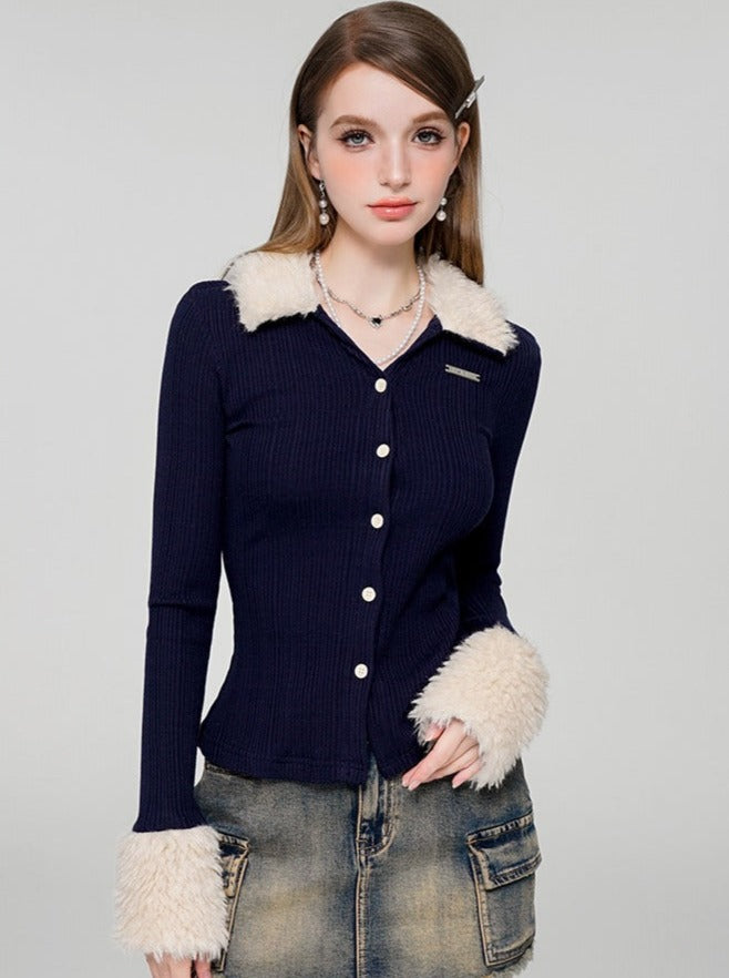 Fur Slim V-Neck Top