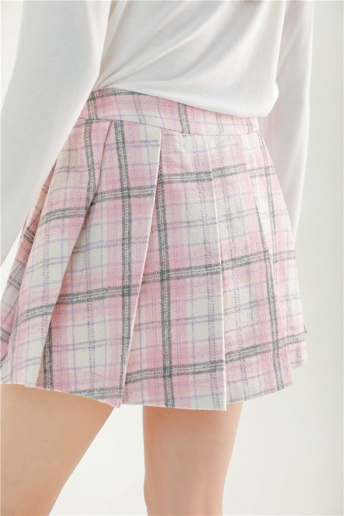 College Style Check Leather Buckle Design A-Line Skirt